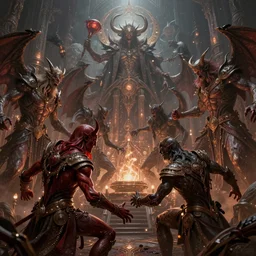 evil and bloody gods fighting in the a hell city, intricate, elegant, glowing lights, highly detailed, digital painting, artstation, concept art, smooth, sharp focus, illustration, epic illustration, greg rutkowski, 4 k, very high resolution, astrophotography, processing, extremely hyperdetailed