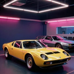 designed by Giorgetto Giugiaro stylized poser of a single, 1973 Miura Citroen DM BMW M1 (McLaren F1) DeLorean, thick neon lights, ektachrome photograph, volumetric lighting, f8 aperture, cinematic Eastman 5384 film