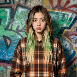 highly detailed portrait of a sewer seattle young lady, tartan hoody, by atey ghailan, by greg rutkowski, by greg tocchini, by james gilleard, by joe fenton, by kaethe butcher, gradient green, brown, blonde crea, orange, brown and white color scheme, grunge aesthetic!!! ( ( graffiti tag wall background ) )