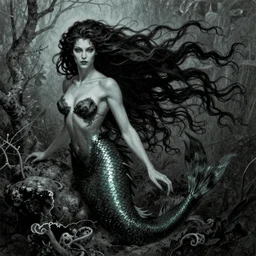 dark evil mermaid with long flowing hair, by N.C. Wyeth, Bernie Wrightson