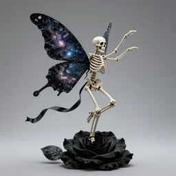 the skeleton of a fairy ribbon dancing on a black rose, the ribbon is made up of the fabric of the universe, ultra realistic, concept art, intricate details, highly detailed, photorealistic, octane render, 8 k, style of jean baptiste monge