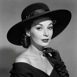 Marlene Dietrich wearing black clothes and a black hat. Color.