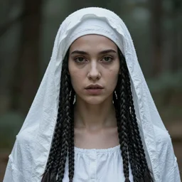 an eerie portrait of a voodoo priestess wearing a white hair covering over her braids, natural light