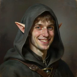 portrait of a smiling elf thief wearing a hooded cloak, detailed realism face in painting, detailed beautiful portrait, oil painting masterpiece, fantasy artwork, 8 k resolution, smooth, sharp focus, trending on artstation, by rembrandt, by greg rutkowski