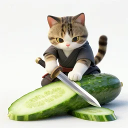 a cat dressed like a samurai slicing a giant cucumber with a sword, digital art highly - detailed artstation cgsociety masterpiece