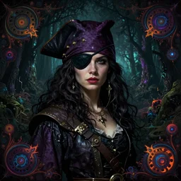 portrait of a 30 year old female as a pirate wizard with an eye patch in sinister deep dark forest ambience, in style of dark fantasy art, in style of Midjourney, stylized, detailed and intricate, mandelbulber fractal, elegant, ornate, horror, elite, ominous, haunting, beautiful digital painting, cinematic, cgsociety, H.R. Giger, Zdizslaw Beksinski, James jean, Noah Bradley, Darius Zawadzki, vivid chromatic colors and vibrant outlines