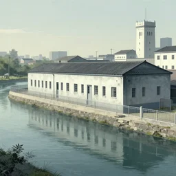 a chinese prison by a river, in the style of junji ito, parts by edward hopper, parts by rodcenko, parts by yue minjun, parts by peter doig, intricate and epic composition, 4 k, very detailed, insanely quality, line brush, highly detailed, masterpiece, voxel art