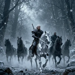 the wild hunt, spectres of the night, hounds, bad omen, riding, silver - mounted sword, blizzard storm, enchanted, forest, fog, winter, dreamy, witcher 3, cinematic, breathtaking, vfx, octane, arnold, physically based rendering, unreal 5, cgi, concept art, trending in artstation, intricate details, dark fantasy, 8 k