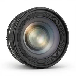 crystal camera lens, clean 3d render, octane render, isolated on a pure white background, centered, entire object in frame, sharp focus, soft studio lighting