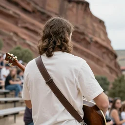 photo from behind the back showing jesus christ playing guitar at red rocks