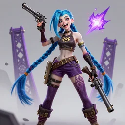 close portrait pretty girl, hair with double long blue braids, pistol and bazooka, high boots, purple bridges with leggins, purple top, evil insane smiling laugh, particles explosion, elegant intricate matte sharp focus 8 k, fantasy digital art, league of legends, a stylized portrait of jinx made in maya & zbrush, blender community