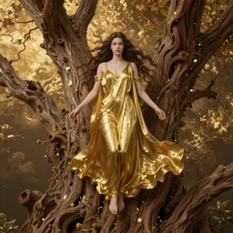 portrait of a surreal goddess floating in the middle of a ancient wood, gold fluid simulation in the background, ultra super good realistic 3D render by Pete Morbacher and Emil Melmoth, insanely detailed, trending on artstation, sharp focus
