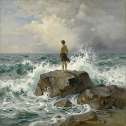 painting of a person standing on a rock with waves crashing around by friedrich