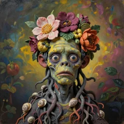 headshot portrait of a trickster nature zombie, head made of fruit and flowers in the style of arcimboldo, fragonard, covered with tendrils roots and snail shells, oil painting, ethereal, atmospheric lighting, action figure, clay sculpture, claymation, gray yellow and magenta, botanical rainbow backdrop