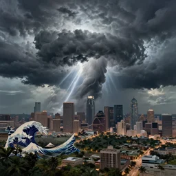 an ultradetailed landscape painting of a tropical storm over houston, looming ominous over a city, hurricane, lighting, tornados, intricate detail, cinematic, 8 k, cel shaded, volumetric lighting, octane render, art by greg rutkowski, jeong seon, hokusai, in the style of magic the gathering and anime
