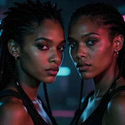 film still of closeup beautiful jamaican models couple in blade runner 2 0 4 9, cinematic, moody, gritty neon noir by emmanuel lubezki