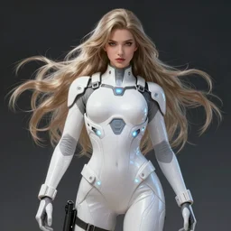 , portrait of beautiful long hair special force female wearing futuristic streamlined white tactical gear armed, return from the battlefield, intricate, elegant, glowing lights, highly detailed, digital painting, artstation, glamor pose, concept art, smooth, sharp focus, illustration, art by wlop and greg rutkowski