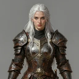 warrior, leather armor!!! long wild white hair!! covered chest!!! fantasy, d & d, intricate ornate details, digital painting, pretty face!!, symmetry, concept art, sharp focus, illustration, art by artgerm! greg rutkowski magali villeneuve wlop! ilya kuvshinov!!, octane render