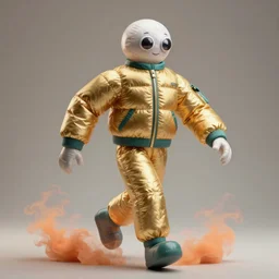 a single striding slender figurine of a tall giant inflated space man wearing over sized gold teal puffy bomber jacket, long bendy arms and legs, googly eyes, tareme eyes, small head, personification, dynamic pose, detailed product photo, tone mapped, beautiful composition, orange mist swirling at feet, 8 5 mm, f 5. 8, soft lighting