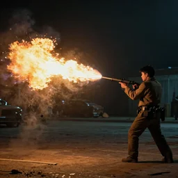 a guy firing from a flamethrower napalm, film footage porta 4 0 0 golden, epic burst of fire, cinematic contrast shot, illustration, sketch, drawing