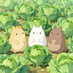 cute fluffy creatures in the cabbage garden by studio ghibli, very high detail, 4k