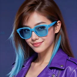 closeup painting of a very beautiful young mexican cyberpunk woman with a smirk, light blue retro shades, and a purple coloured leather jacket, one side haircut, long brown hair with light blue ends, portrait, sci - fi, hyperdetailed, artstation, cgsociety, synthwave by tangerine dream, by jean - michel jarre, by vangelis, by john carpenter