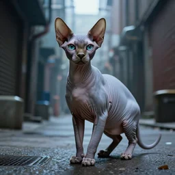 a cyborg!! sphynx cat, in a cyberpunk alleyway by daniel gerhartz