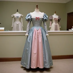 the film still photographed image is of a grey, blue, and pink reception gown ensemble from the 1 9 7 0 s. the gown is inspired by merida, and is featured in a museum.