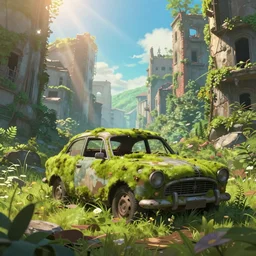 a abandoned ruined and mossy car in the middle of a ruined city full of nature, pixar and disney style, ghibli studio, masterpiece, high quality, highly detailed, high coherence, path traced, bloom, godrays crossing the scene, complementary colors, apocaliptic ambient, beautiful, elegant, breathtaking landscape, cute