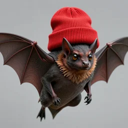Photorealistic bat wearing a red beanie. Hyperdetailed photorealism, 108 megapixels, beautiful colors, artstation concept art