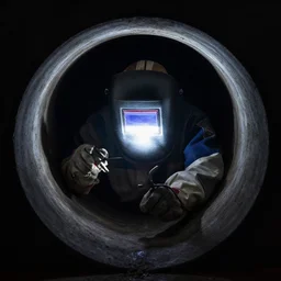 welder in welding mask, hiding in drain pipe, ominous lighting