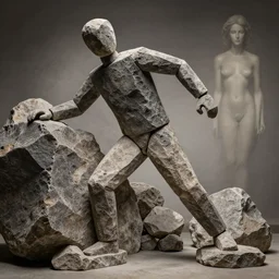 highly detailed photography of a men made of rocks, big rocks, sharp focus, dramatic scene, aesthetic, dynamic lighting, elegant, harmony, masterpiece, by kent williams, by jenny saville, high quality