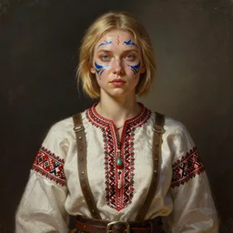 full - body portrait of slavic young woman warrior in traditional slavic clothes, front, symmetrical, extremely detailed face, face war paintings, beautiful face, short blonde hair, blue eyes, digital painting, unreal engine, octane rendered, true anatomy, behance frm 4 6, art by evgeny zubkov