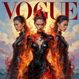 3 d, angry fashion model, flame, liquid black and red water, sun, vogue cover style, poster art, high detail, intricate oil painting, multiple exposure, heaven mood, hyperrealism, 3 d, by tooth wu and wlop and beeple and greg rutkowski