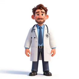 battle-worn doctor with stethoscope, stylized pixar-style 3d render, full body, standing, isolated on a pure white background, centered, whole figure in frame, sharp focus, studio lighting