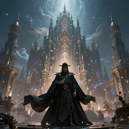 a cosmic magician in front of a fantasy city of dreams, intricate complexity, majestic, sharp focus, artstation, hyperrealism, 8 k.