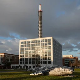 photograph of an office building with a tesla coil and a dead whale kodachrome sunshine