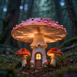 Macro Photo of a giant glowing redcap mushroom house in a magical forest, with a door and windows