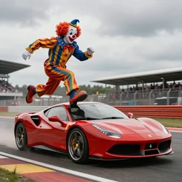 clowns getting ran over by a ferrari f 4 0 sports car on a racetrack, running over clowns during an overcast day, realistic 4 k octane beautifully detailed render, 4 k post - processing, highly detailed, intricate complexity, epic composition, magical atmosphere, cinematic lighting, masterpiece, ultra hd