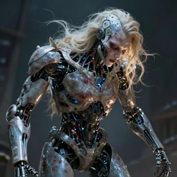 a human painfully morphing into a hideous robot