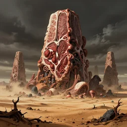 a vast, looming, infinite monolith made of meat in a desolate, charred desert, painted by junji ito