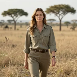 Helen Bonham Carter wearing safari clothes in African savannah