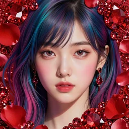 studio portrait absurdly beautiful, elegant, graceful, young hypercolorful contrast korean gravure idol rubies and red petals, ultrafine hyperrealistic detailed face illustration by kim jung gi, irakli nadar, intricate linework, sharp focus, bright colors, matte, octopath traveler, final fantasy, unreal engine highly rendered, global illumination, radiant light, intricate environment