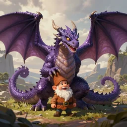 purple dragon tames a gnome, happy fantasy illustration
