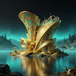 photo hyper realistic concept architecture art house solarpunk in the funny lake, in void of latent space, volumetric lighting style futuriste, gold and black turquoise ratio,, octane render excellent composition alphonse mucha
