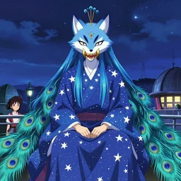 portrait from an anime of an ethereal colorful blue starry fox peacock character with giant golden demonic fangs, wearing star filled mage robes, sitting in an illuminated observatory at night, art by yuji ikehata, background art by miyazaki, realism, detailed, proper human proportions, fully clothed