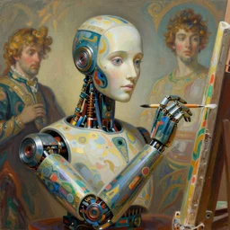 colourful cinematic bust portrait of an artist robot painting an artwork on a canvas with a brushGustav Moreau and Wayne Barlowe, exquisite detail, hyper realism, ornate, 8K