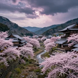 Old japanese architecture in a Japanese valley, cherry blossom trees, dramatic sky, digital art, 4k, 8k, trending on ArtStation
