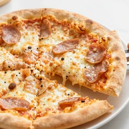 high angle close up view photo of a cute eating pizza, off camera flash, photo realistic, fine hair detail, fine cat whiskers, sigma 24mm f/8