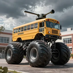 monster truck schoolbus tank with turret in front of a school, dystopian, imax, dramatic clouds